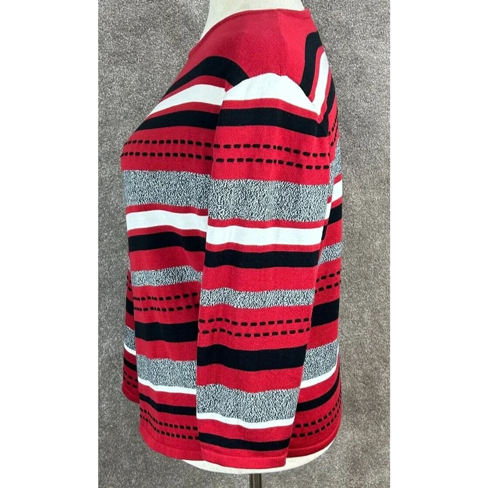 Alfred Dunner Sweater Womens XL Red Gray‎ Stripe Pullover 3/4 Sleeve Round Neck